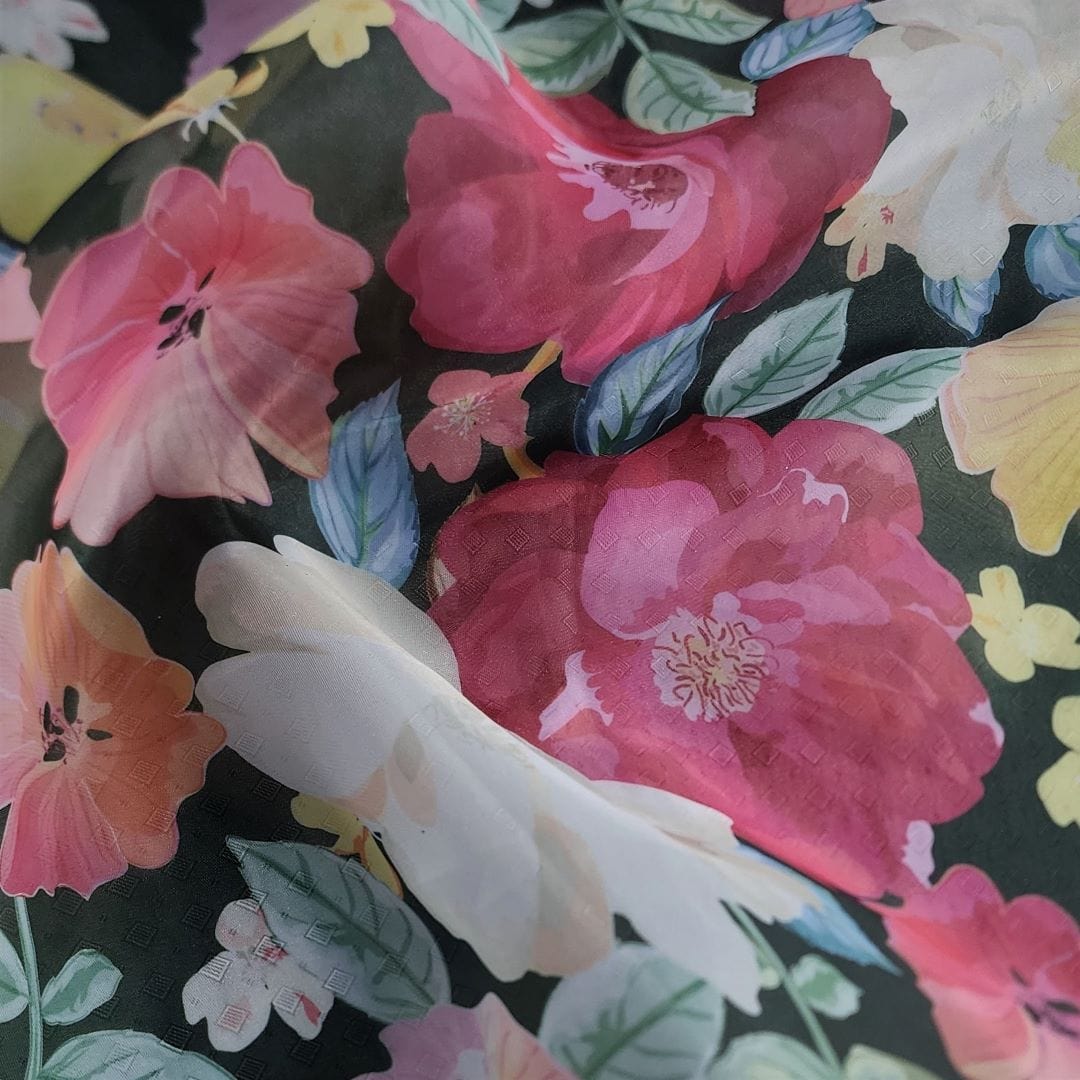 ORGANDY Dress Fabrics Printed Organdy Fabric Green/Pink Floral 150cm