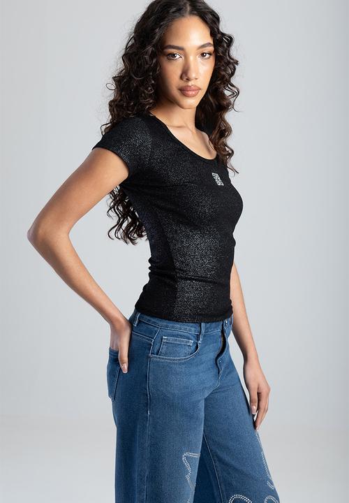 Sissy Boy Future Lover: Rib Knit Scoop Neck Top With Bling Logo - Black With Silver Foil (8004961566809)