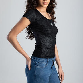 Sissy Boy Future Lover: Rib Knit Scoop Neck Top With Bling Logo - Black With Silver Foil (8004961566809)