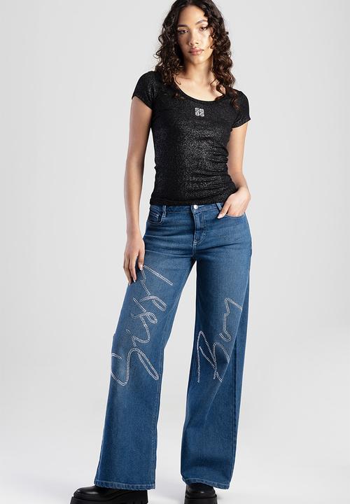 Sissy Boy Future Lover: Rib Knit Scoop Neck Top With Bling Logo - Black With Silver Foil (8004961566809)