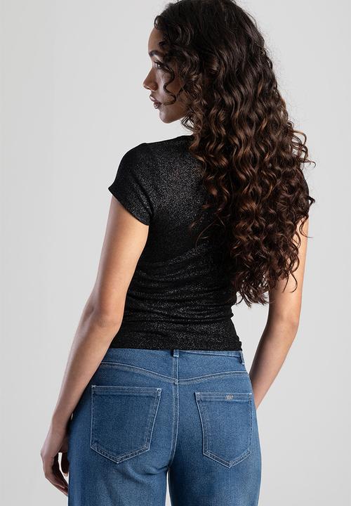 Sissy Boy Future Lover: Rib Knit Scoop Neck Top With Bling Logo - Black With Silver Foil (8004961566809)