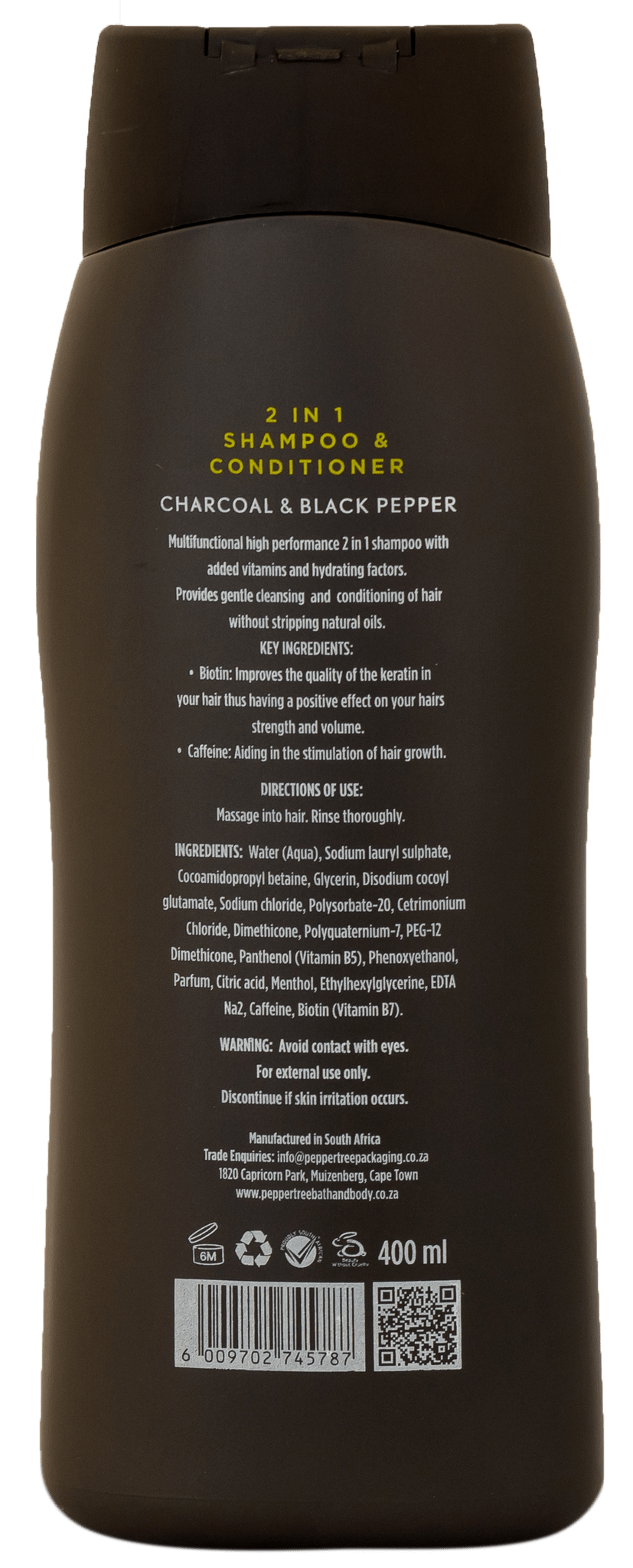 Pepper Tree Soap Pepper Tree Charcoal & Black Men's 2-in-1 Conditioning Shampoo 400ml (7475042713689)