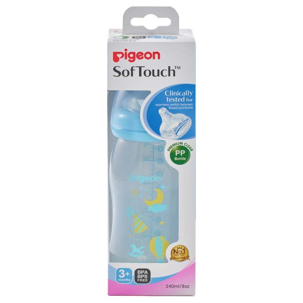 Pigeon Babies & Kids Pigeon SofPouch Peri Plus Clear PP Feeding Bottle Blue 240ml (7422186848345)