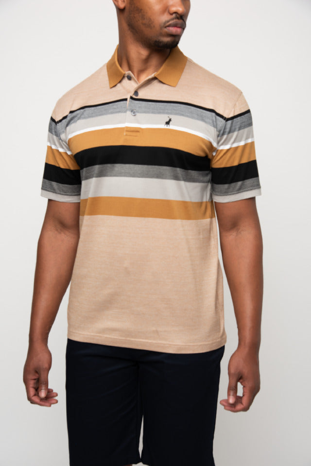 Polo Golf T Shirt Polo Double Mercerised Stripe Short Sleeve Golfer Camel