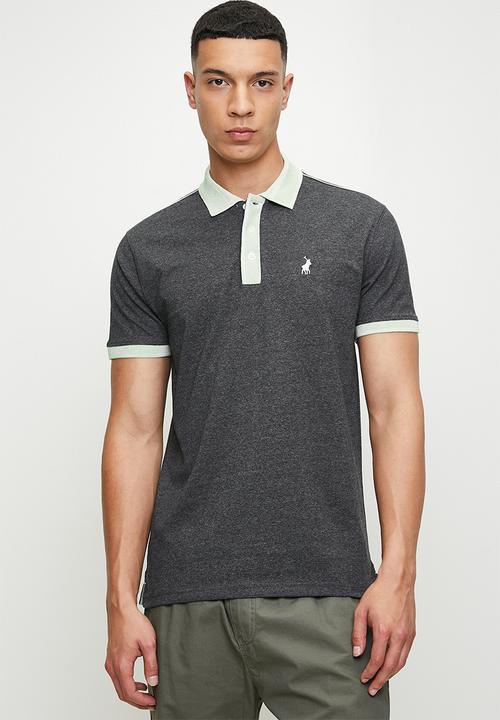 Polo Golf T Shirt Polo Men's Contrast Collar Piping Short Sleeve Golfer Charcoal Melange