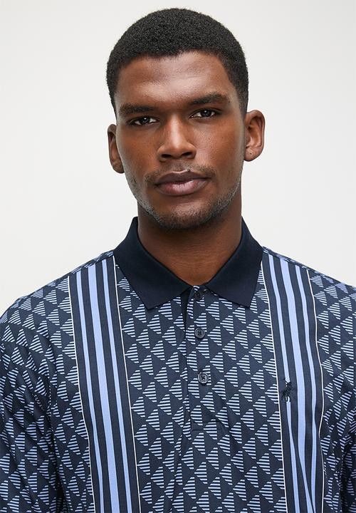 Polo Golf T Shirt Polo Mens Double Mercerised Geometric Printed Golfer Navy