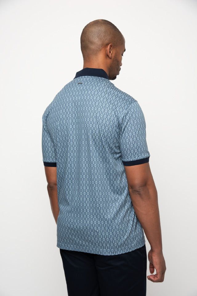 Polo Golf T Shirt Polo Mens Double Mercerised Printed Micro Geo Golfer Blue