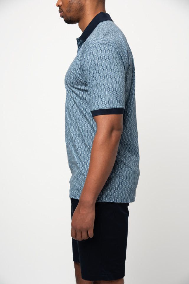 Polo Golf T Shirt Polo Mens Double Mercerised Printed Micro Geo Golfer Blue