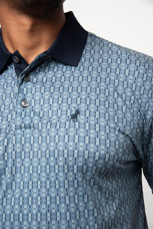 Polo Golf T Shirt Polo Mens Double Mercerised Printed Micro Geo Golfer Blue