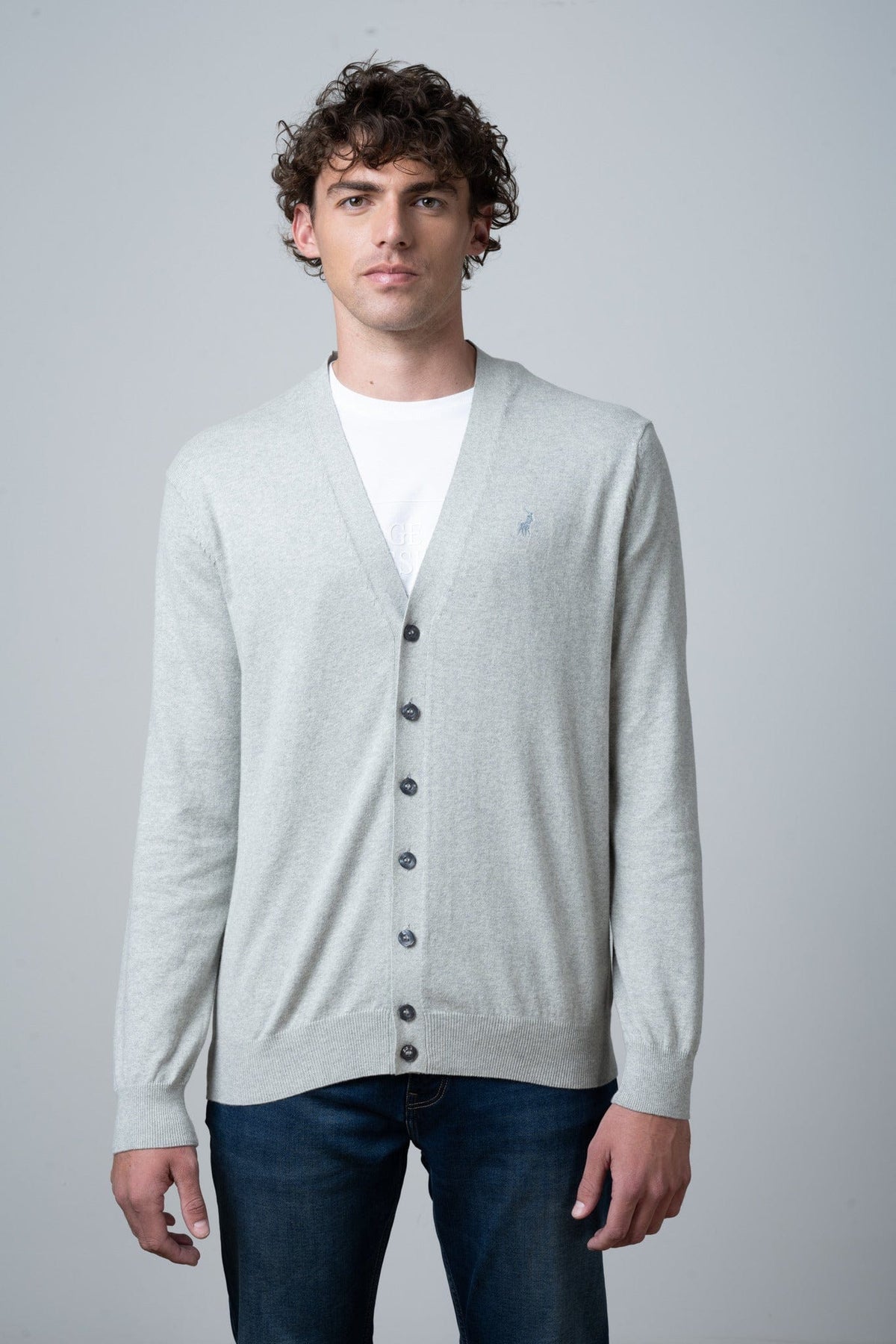 Polo Jersey Polo Men's Long Sleeve Plain Gardigan Grey Melange