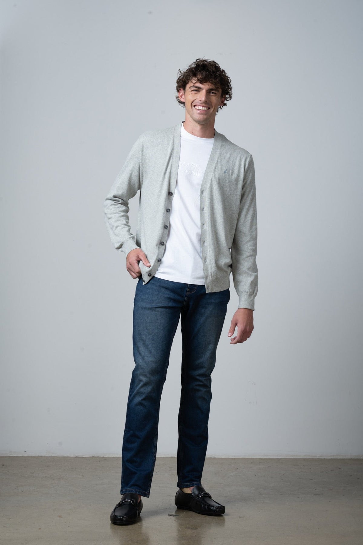 Polo Jersey Polo Men's Long Sleeve Plain Gardigan Grey Melange