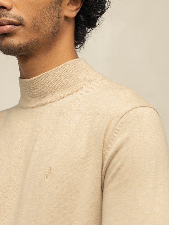 Polo Knitwear Polo Mens Long Sleeve High Collar Knitwear Taupe