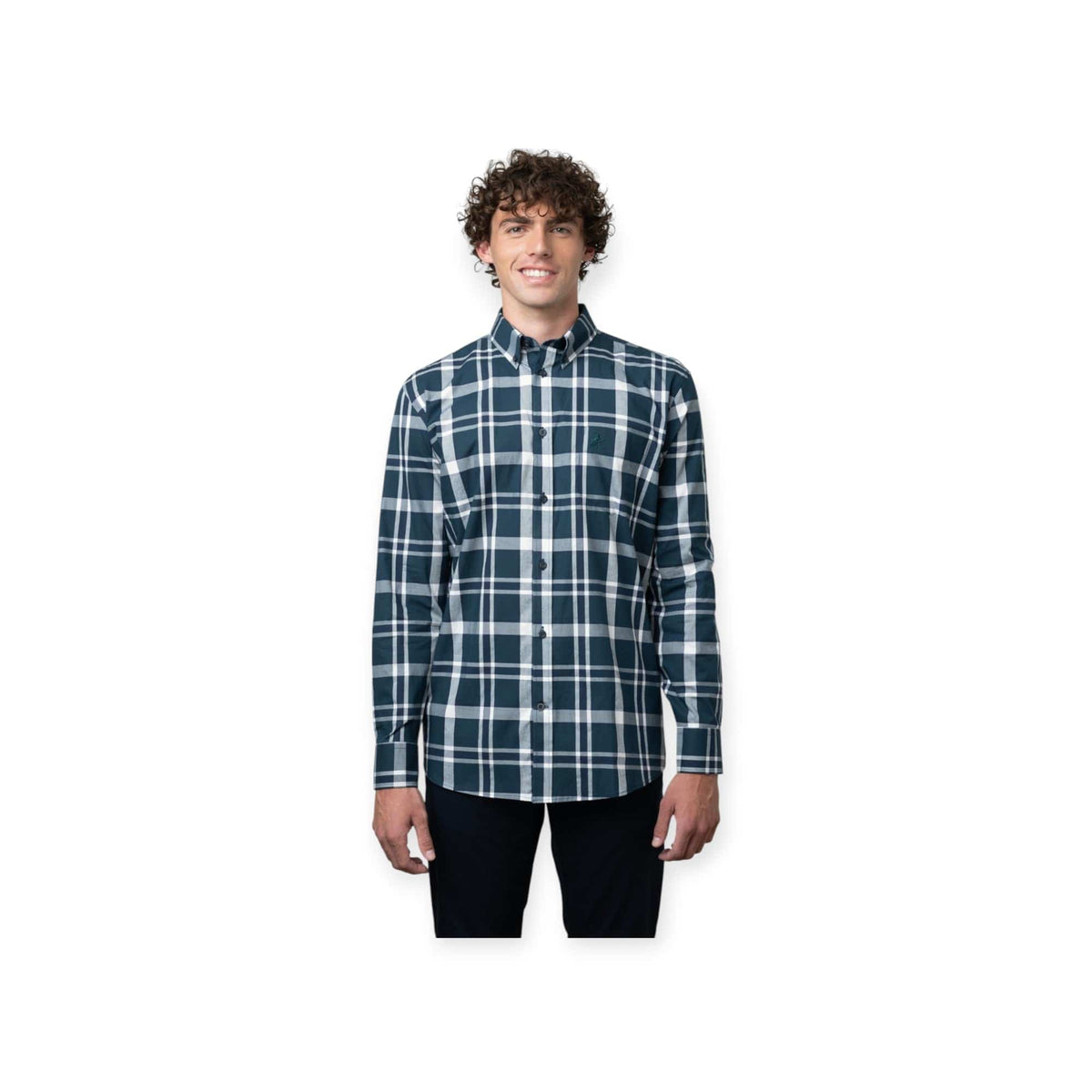 Polo Shirts Polo Mens Easy Care Check Long Sleeve Shirt Dark Green
