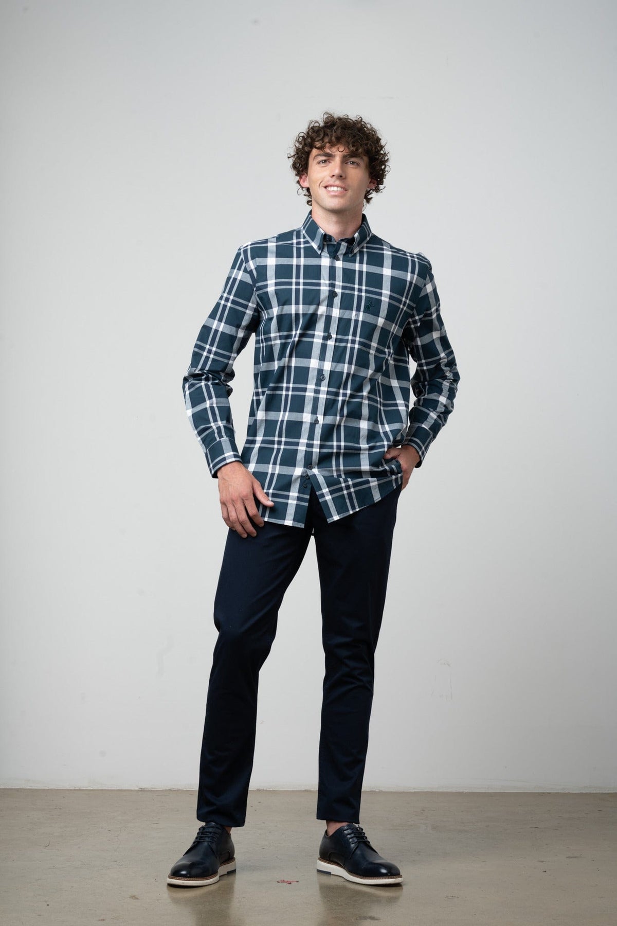 Polo Shirts Polo Mens Easy Care Check Long Sleeve Shirt Dark Green