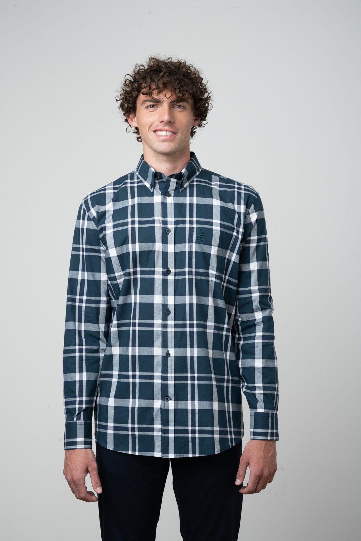 Polo Shirts Polo Mens Easy Care Check Long Sleeve Shirt Dark Green