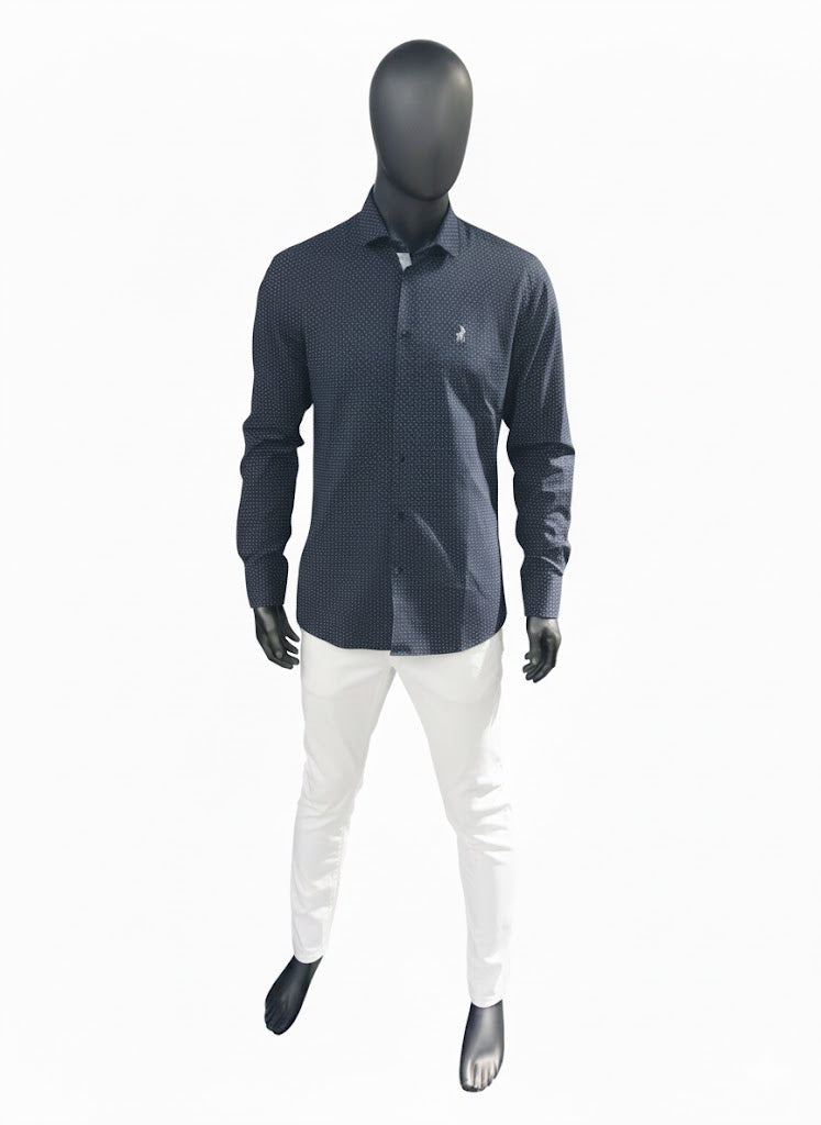 polo Shirts Small Mens Geometric Print LS Shirt Navy