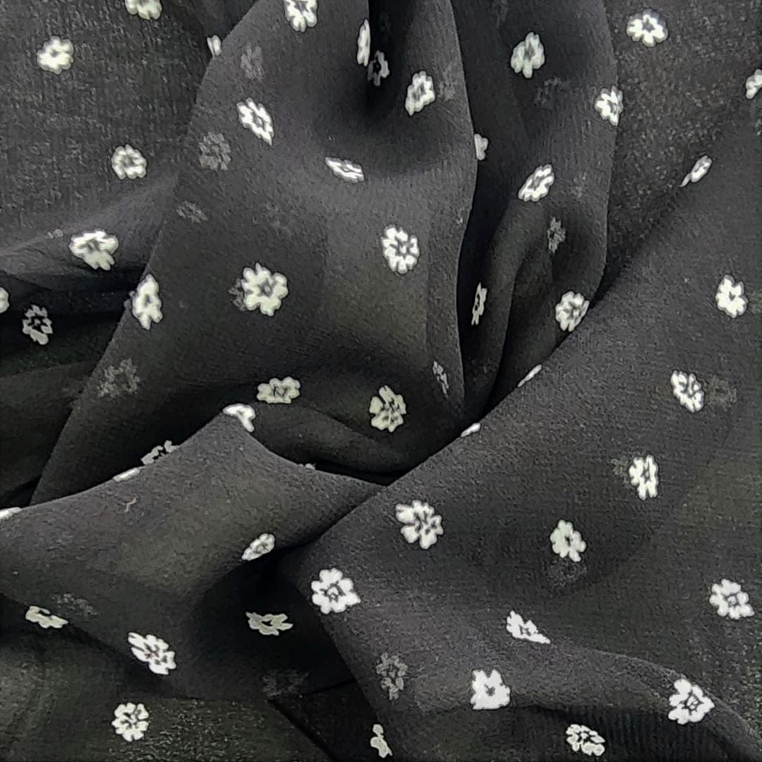 PRINTED CHIFFON dress fabric Printed Chiffon Black With White Flower Fabric 150cm (7336178778201)