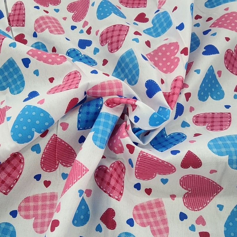 printed polycotton Dress Fabrics Blue/Pink Printed Poly Cotton Hearts Fabric 112cm