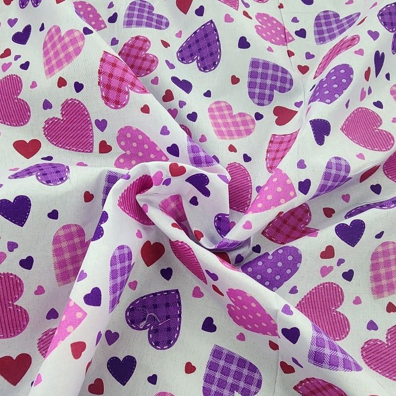 printed polycotton Dress Fabrics Purple/Pink Printed Poly Cotton Hearts Fabric 112cm