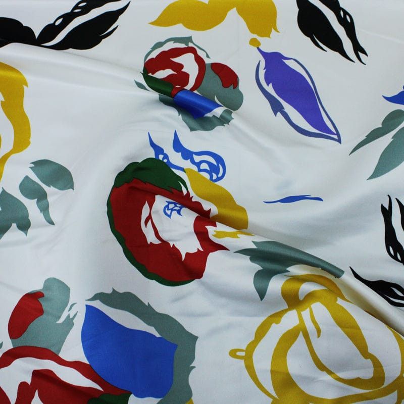 Printed Satin Dress Fabrics White Printed Duchess Satin Fabric Roses 150 cm