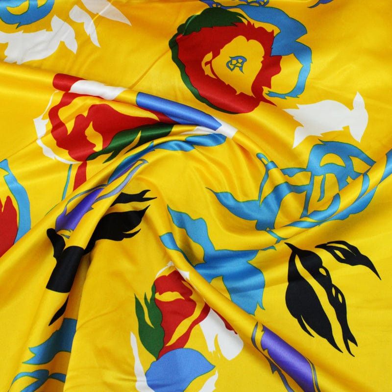 Printed Satin Dress Fabrics Yellow Printed Duchess Satin Fabric Roses 150 cm