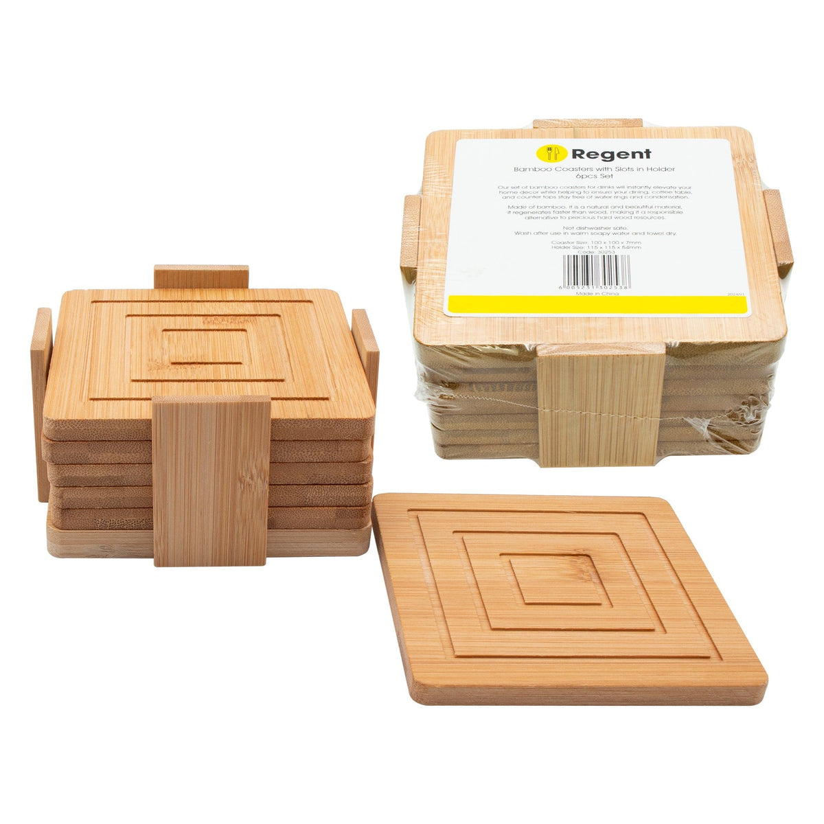 Regent Coasters Regent Bamboo Square Coasters With Slots In Holder 6 Pcs Set 30253 (7817374171225)