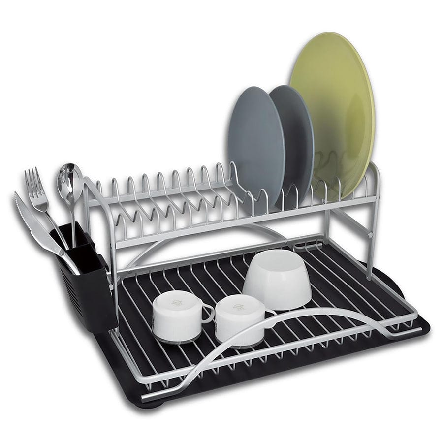 Regent DISH RACK HS Double Dish Rack Silver Aluminum With Black Plastic Utensil Holder & Tray 42101 (7573363621977)