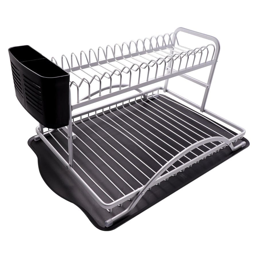Regent DISH RACK HS Double Dish Rack Silver Aluminum With Black Plastic Utensil Holder & Tray 42101 (7573363621977)