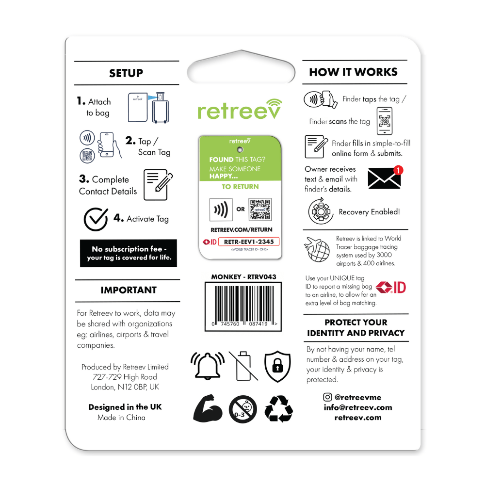 Retreev luggage tags Retreev Smart Tag - Monkey (7395489939545)