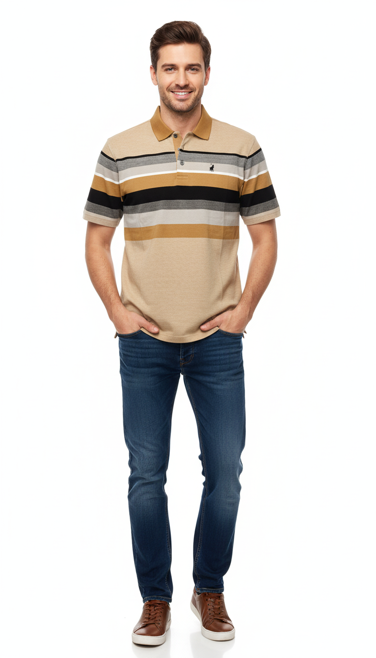 Polo Double Mercerised Stripe Short Sleeve Golfer Camel.