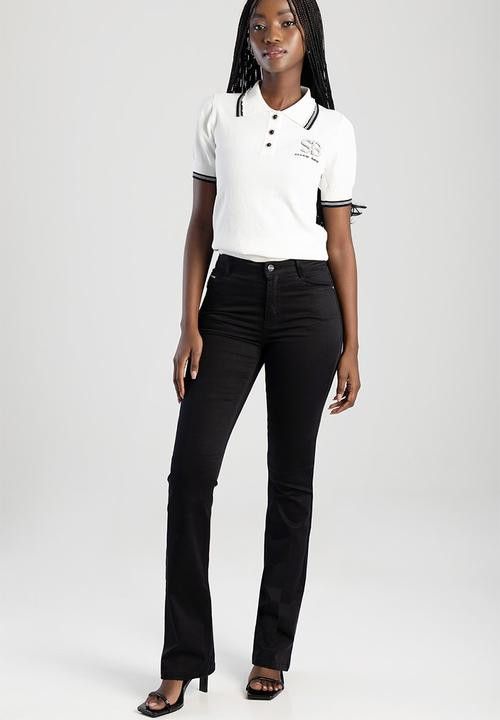 Sissy Boy Short Sleeve Polo Knit Top With Pearl Detail - White T32877.