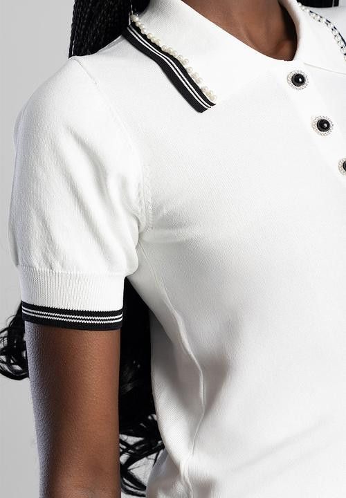Sissy Boy Short Sleeve Polo Knit Top With Pearl Detail - White T32877.
