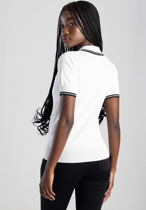 Sissy Boy Short Sleeve Polo Knit Top With Pearl Detail - White T32877.
