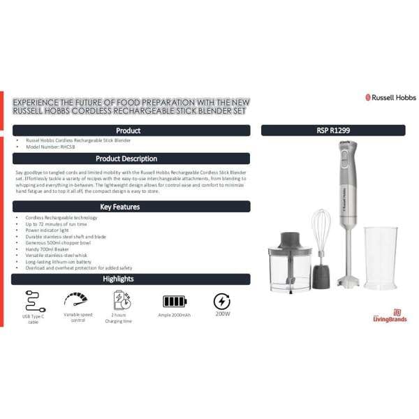 Russell Hobbs blender Russell Hobbs Cordless Rechargeable Stick Blender Set RHCSB (863098)