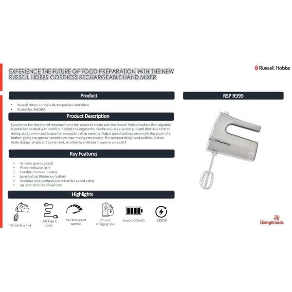 Russell Hobbs Hand Mixer Russell Hobbs Cordless Rechargeable Hand Mixer RHCHM (863102)