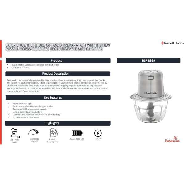 Russell Hobbs Hand Mixer Russell Hobbs Cordless Rechargeable Midi Chopper RHCMC (863099) (7813976850521)