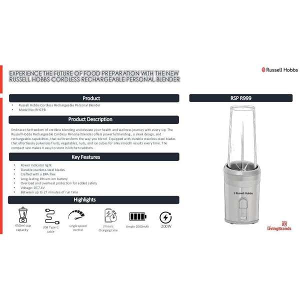 Russell Hobbs Hand Mixer Russell Hobbs Cordless Rechargeable Personal Blender RHCPB (863101)