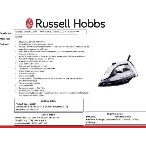 Russell Hobbs IRON Russell Hobbs 2200W Powerglide Xl Iron RHI002