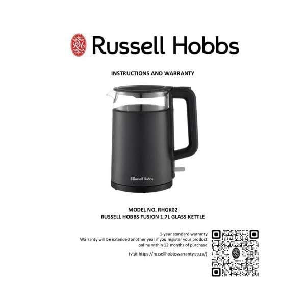 Russell Hobbs KETTLE Russell Hobbs Fusion 1.7L Double Walled Glass Kettle RHGK02