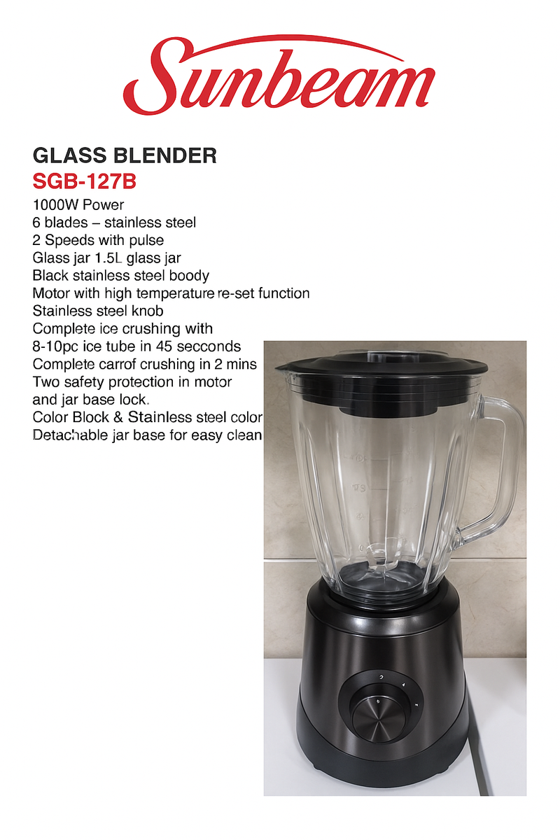 Sunbeam 1.5LT 1000W Glass Blender Black SGB-127B.