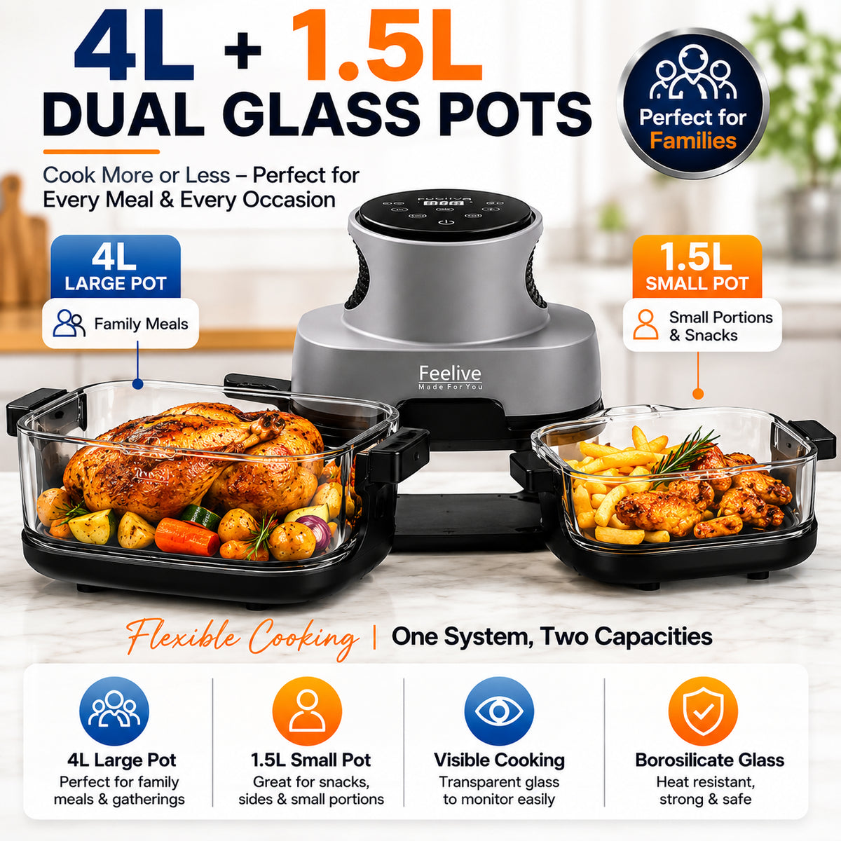 Feelive Crispy 4L+1.5L Dual Glass Digital Air Fryer 1500W AF534T