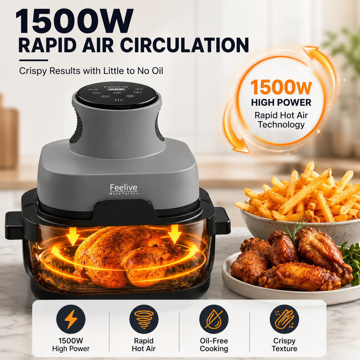 Feelive Crispy 4L+1.5L Dual Glass Digital Air Fryer 1500W AF534T