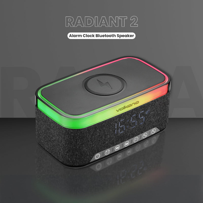 Volkano Radiant 2 Alarm Clock, Bluetooth Speaker with Wireless Charger & FM VK-3135-BK.