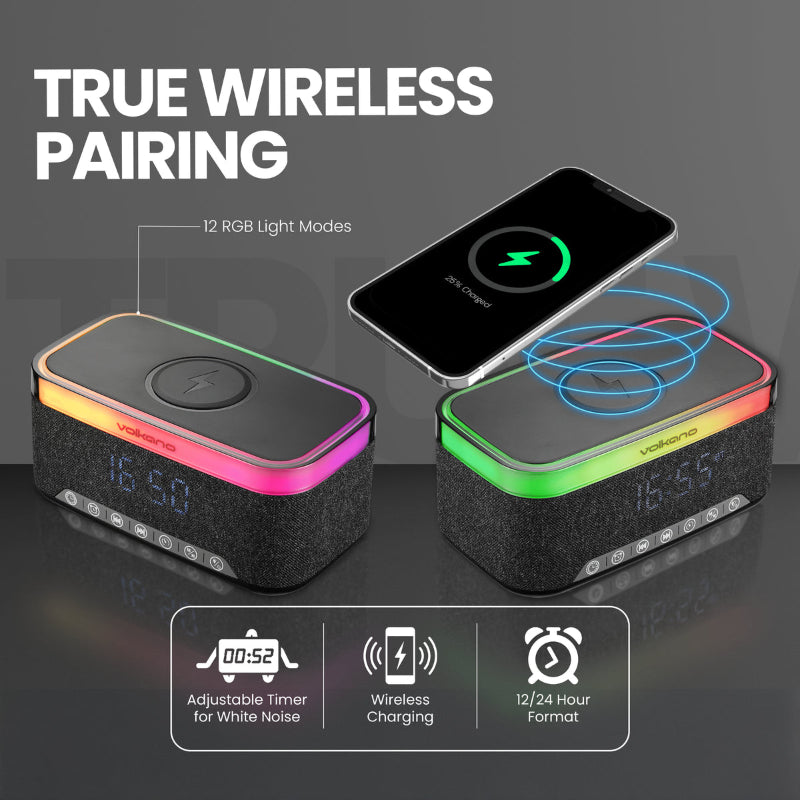 Volkano Radiant 2 Alarm Clock, Bluetooth Speaker with Wireless Charger & FM VK-3135-BK.