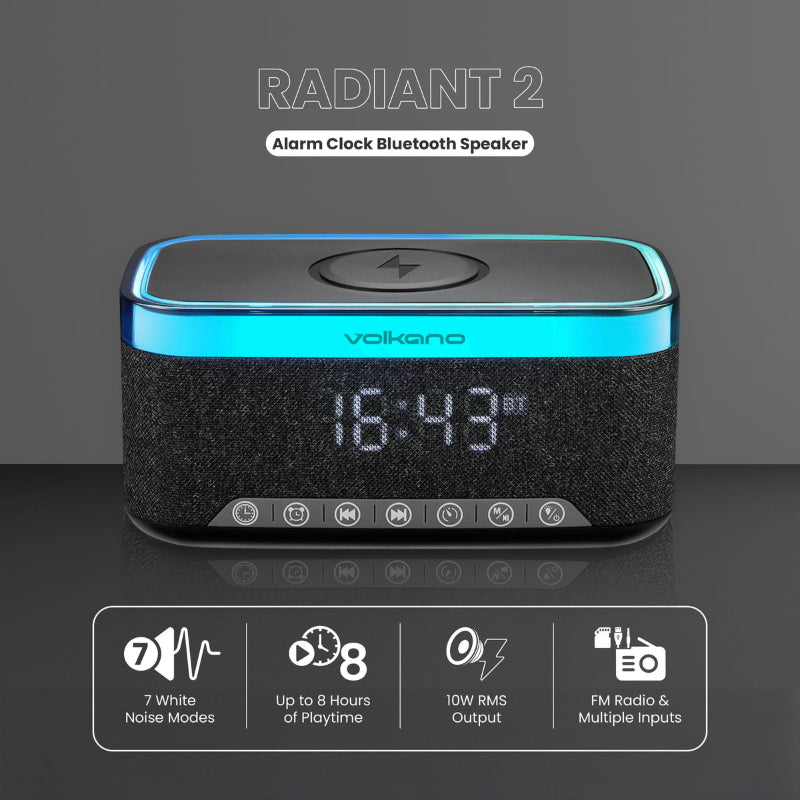 Volkano Radiant 2 Alarm Clock, Bluetooth Speaker with Wireless Charger & FM VK-3135-BK.