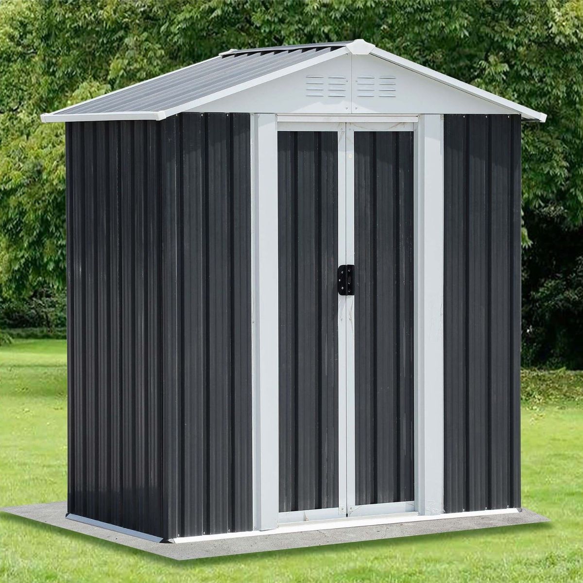 Durable steel garden shed with easy access and weather-resistant design.