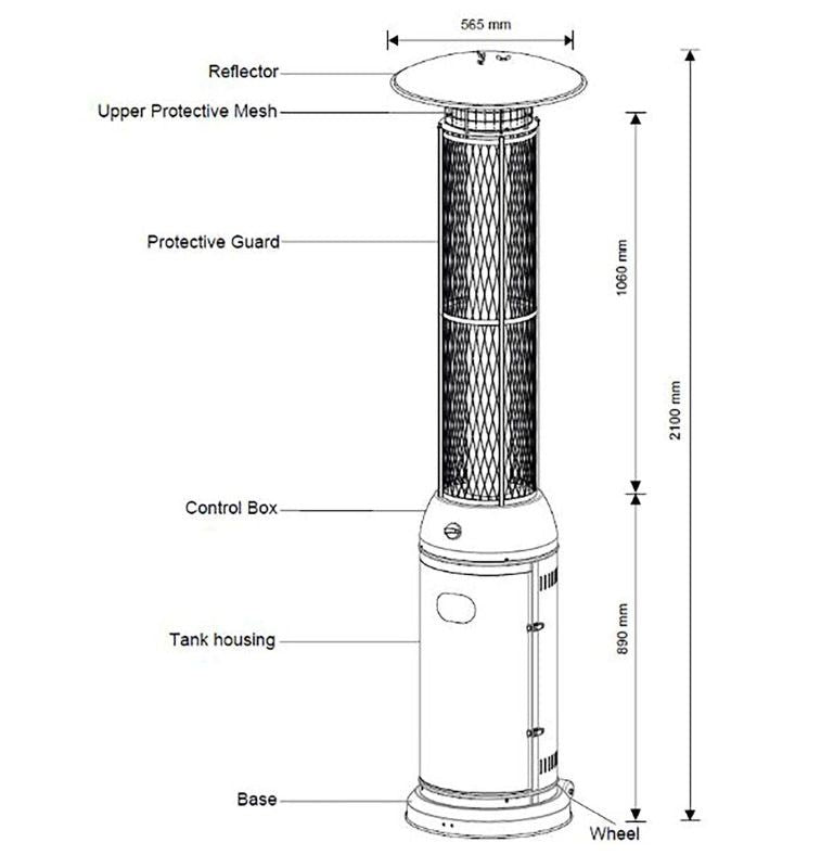Alva Gas Patio Heater-Glass flame tube-2.1M Tall-Hammertone GHP26.