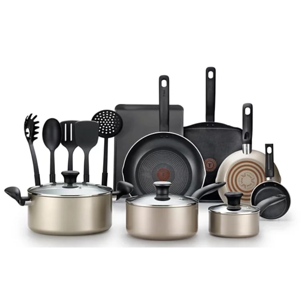 T-Fal Culinaire Nonstick Aluminum Champagne Cookware Set 16 Piece BO59SG64