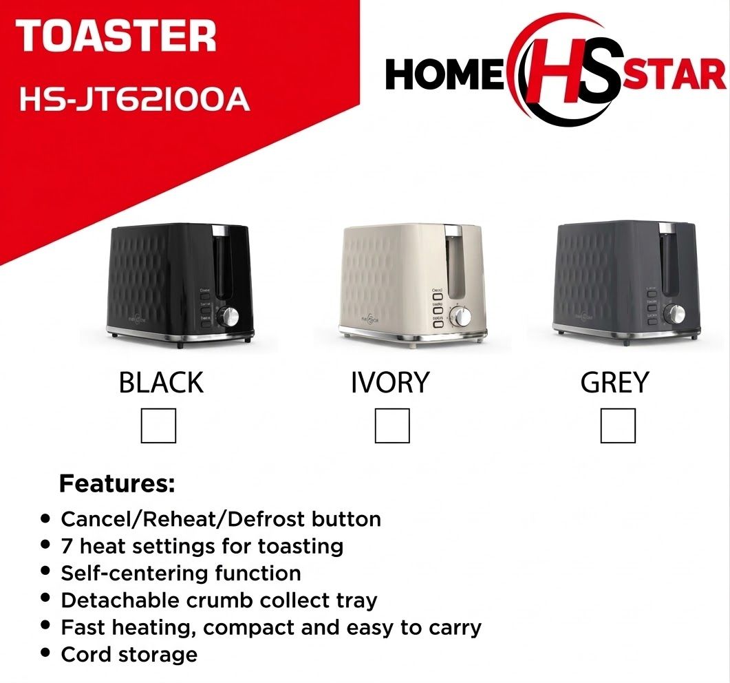 Homestar Electric Toaster 2 Slice Honeycomb Black HS-JY62100A