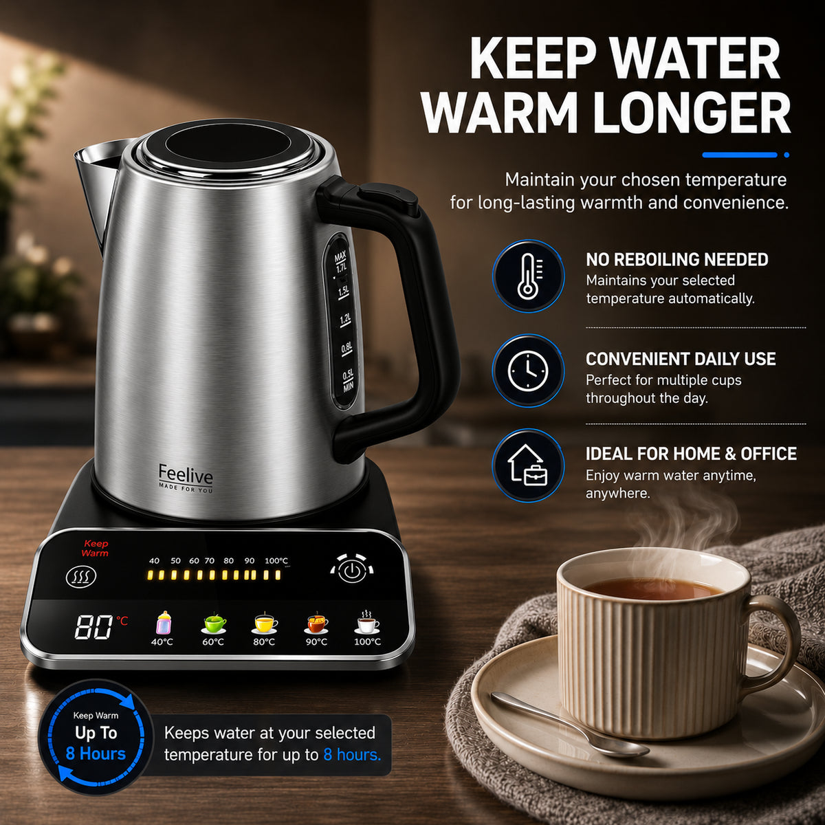 Feelive Smart Digital Stainless Steel Kettle 1.7L with Temperature Control KSK080